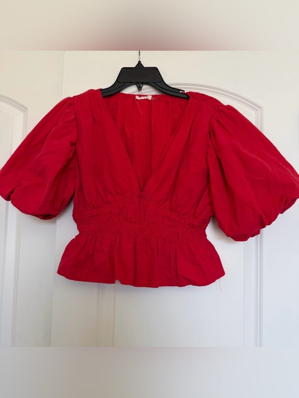 Women’s Red V-Neck Smocked Waist Blouse